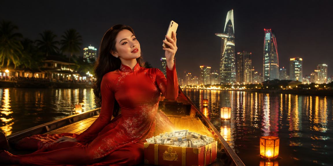 Người dùng mặc áo dài trải nghiệm mobile casino trên sông Mekong